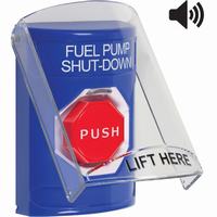 Safety Technology SS24A2PS-EN | Blue Indoor Only Flush or Surface with Horn Key-to-Reset (Illuminated) Stopper Station with FUEL PUMP SHUT DOWN Label English