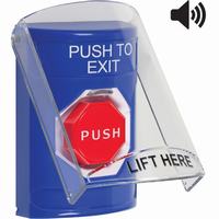 Safety Technology SS24A2PX-EN | Blue Indoor Only Flush or Surface with Horn Key-to-Reset (Illuminated) Stopper Station with PUSH TO EXIT Label English