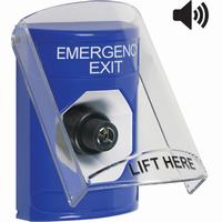Safety Technology SS24A3EX-EN | Blue Indoor Only Flush or Surface with Horn Key-to-Activate Stopper Station with EMERGENCY EXIT Label English