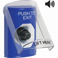 Safety Technology SS24A3PX-EN | Blue Indoor Only Flush or Surface with Horn Key-to-Activate Stopper Station with PUSH TO EXIT Label English