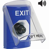 Safety Technology SS24A3XT-EN | Blue Indoor Only Flush or Surface with Horn Key-to-Activate Stopper Station with EXIT Label English
