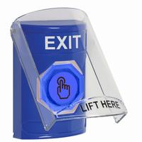 Safety Technology SS24A6XT-EN | Blue Indoor Only Flush or Surface with Horn Momentary (Illuminated) with Blue Lens Stopper Station with EXIT Label English