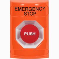 Safety Technology SS2504ES-EN | Orange No Cover Momentary Stopper Station with EMERGENCY STOP Label English