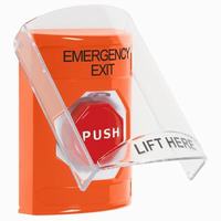 Safety Technology SS2525EX-EN | Orange Indoor Only Flush or Surface Momentary (Illuminated) Stopper Station with EMERGENCY EXIT Label English