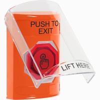 Safety Technology SS2526PX-EN | Orange Indoor Only Flush or Surface Momentary (Illuminated) with Red Lens Stopper Station with PUSH TO EXIT Label English