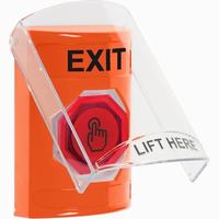 Safety Technology SS2527XT-EN | Orange Indoor Only Flush or Surface Weather Resistant Momentary (Illuminated) with Red Lens Stopper Station with EXIT Label English