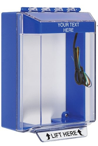 Safety Technology STI-14230C-B | Universal Stopper Low Profile Cover Surface Mount and Hood with Horn and Relay, Custom Label, Blue