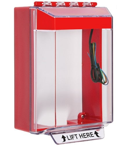 Safety Technology STI-14230NR | Universal Stopper Low Profile Cover Surface Mount and Hood with Horn and Relay, No Label, Red