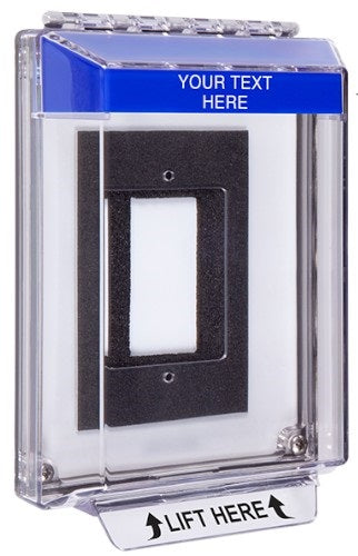 Safety Technology STI-14320C-B | Universal Stopper Low Profile Cover Enclosure Flush Back Box and Hood with Horn, Custom Label, Blue