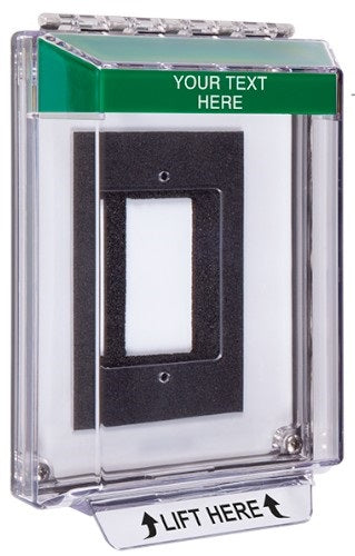 Safety Technology STI-14320C-G | Universal Stopper Low Profile Cover Enclosure Flush Back Box and Hood with Horn, Custom Label, Green