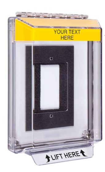 Safety Technology STI-14320C-Y | Universal Stopper Low Profile Cover Enclosure Flush Back Box and Hood with Horn, Custom Label, Yellow