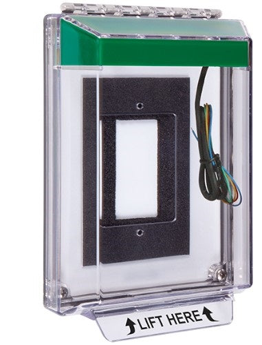 Safety Technology STI-14330N-G | Universal Stopper Low Profile Cover Enclosure Flush Back Box and Hood with Horn and Relay, No Label, Green