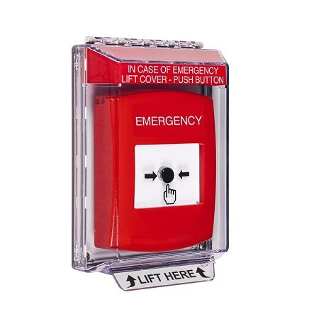 Safety Technology GLR031EM-EN | Red Indoor/Outdoor Low Profile Flush Mount Key-To-Reset Push Button With Emergency Label English
