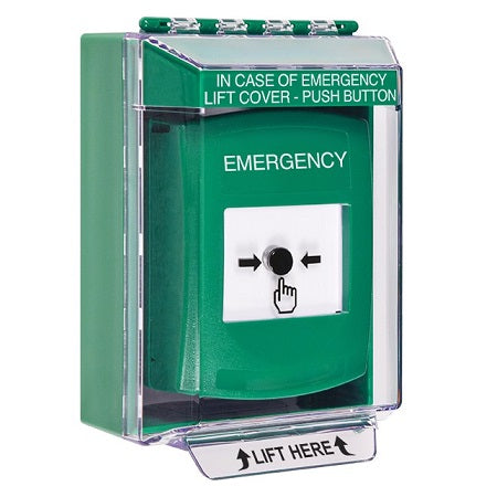 Safety Technology GLR171EM-EN | Green Indoor/Outdoor Low Profile Surface Mount Key-To-Reset Push Button With Emergency Label English