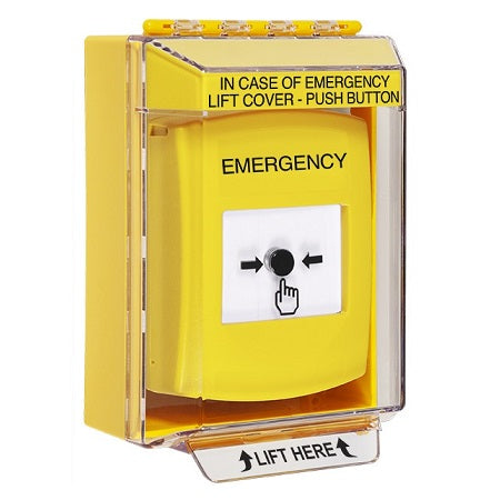 Safety Technology GLR271EM-EN | Yellow Indoor/Outdoor Low Profile Surface Mount Key-To-Reset Push Button With Emergency Label English