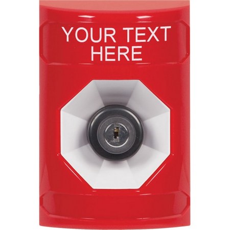 Safety Technology SS2003ZA-EN | Red No Cover Key-To-Activate Stopper Station With Non-Returnable Custom Text Label English