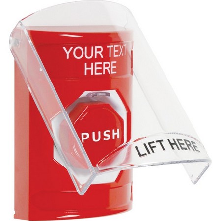 Safety Technology SS2025ZA-EN | Red Indoor Only Flush Or Surface Momentary (Illuminated) Stopper Station With Non-Returnable Custom Text Label English