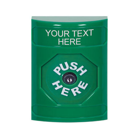 Safety Technology SS2100ZA-EN | Green No Cover Key-To-Reset Stopper Station With Non-Returnable Custom Text Label English