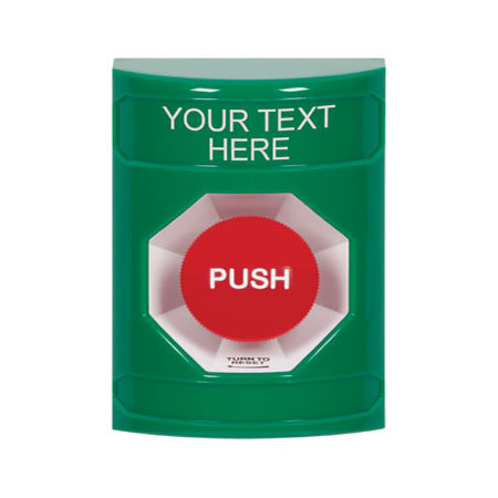 Safety Technology SS2101ZA-EN | Green No Cover Turn-To-Reset Stopper Station With Non-Returnable Custom Text Label English