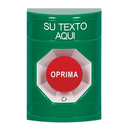 Safety Technology SS2101ZA-ES | Green No Cover Turn-To-Reset Stopper Station With Non-Returnable Custom Text Label Spanish