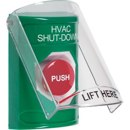 Safety Technology SS2121HV-EN | Green Indoor Only Flush-To-Reset Stopper Station With Hvac Shut Down Label English