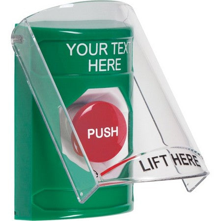 Safety Technology SS2121ZA-EN | Green Indoor Only Flush-To-Reset Stopper Station With Non-Returnable Custom Text Label English