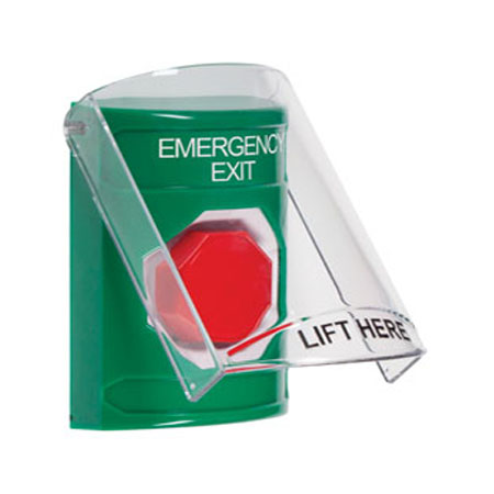 Safety Technology SS2122EX-EN | Green Indoor Only Flush Or Surface Key-To-Reset (Illuminated) Stopper Station With Emergency Exit Label English