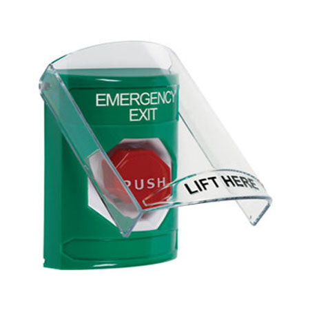 Safety Technology SS2128EX-EN | Green Indoor Only Flush Or Surface Pneumatic (Illuminated) Stopper Station With Emergency Exit Label English
