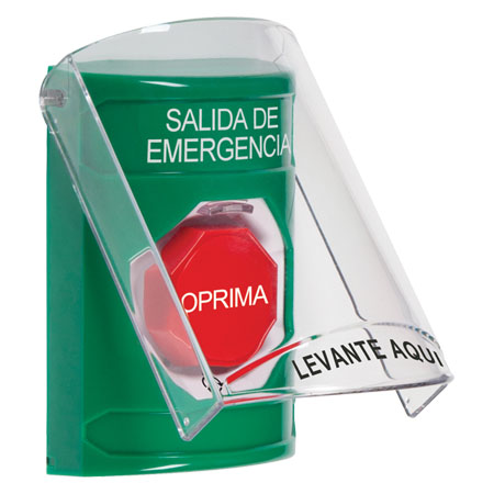 Safety Technology SS2129EX-ES | Green Indoor Only Flush-To-Reset (Illuminated) Stopper Station With Emergency Exit Label Spanish