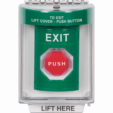 Safety Technology SS2138XT-EN | Green Indoor/Outdoor Flush Pneumatic (Illuminated) Stopper Station With Exit Label English