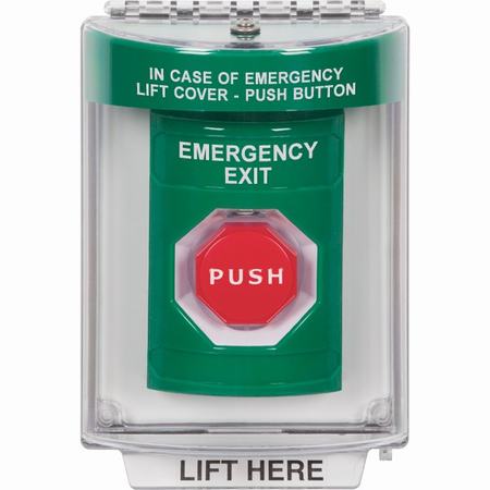 Safety Technology SS2148EX-EN | Green Indoor/Outdoor Flush With Horn Pneumatic (Illuminated) Stopper Station With Emergency Exit Label English