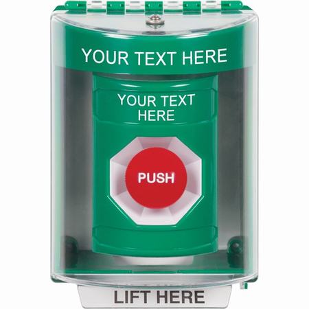 Safety Technology SS2174ZA-EN | Green Indoor/Outdoor Surface Momentary Stopper Station With Non-Returnable Custom Text Label English