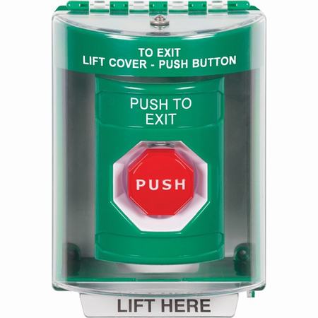 Safety Technology SS2175PX-EN | Green Indoor/Outdoor Surface Momentary (Illuminated) Stopper Station With Push To Exit Label English