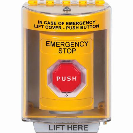 Safety Technology SS2279ES-EN | Yellow Indoor/Outdoor Surface Turn-To-Reset (Illuminated) Stopper Station With Emergency Stop Label English