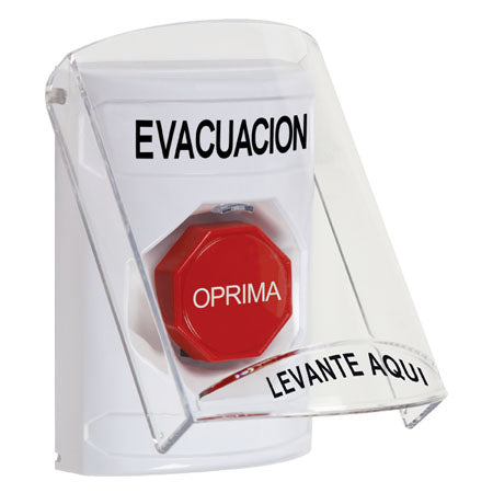 Safety Technology SS2322EV-ES | White Indoor Only Flush Or Surface Key-To-Reset (Illuminated) Stopper Station With Evacuation Label Spanish