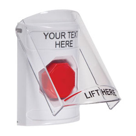 Safety Technology SS2325ZA-EN | White Indoor Only Flush Or Surface Momentary (Illuminated) Stopper Station With Non-Returnable Custom Text Label English