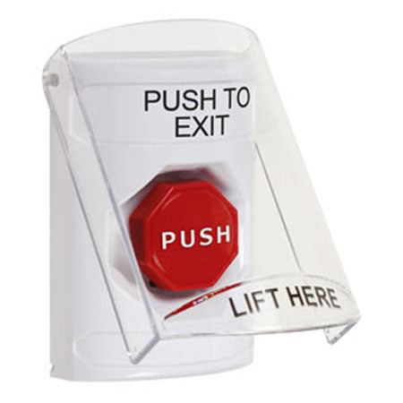 Safety Technology SS2328PX-EN | White Indoor Only Flush Or Surface Pneumatic (Illuminated) Stopper Station With Push To Exit Label English