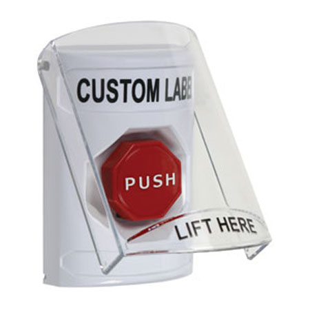 Safety Technology SS2328ZA-EN | White Indoor Only Flush Or Surface Pneumatic (Illuminated) Stopper Station With Non-Returnable Custom Text Label English