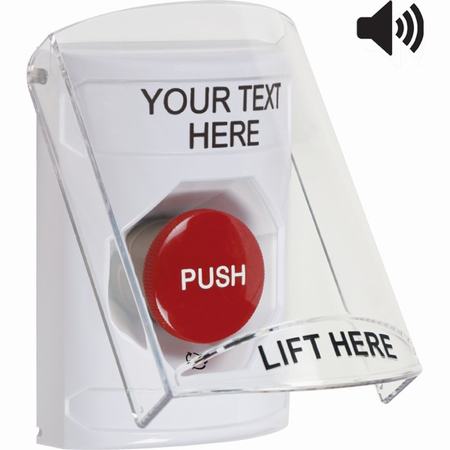 Safety Technology SS23A1ZA-EN | White Indoor Only Flush Or Surface With Horn Turn-To-Reset Stopper Station With Non-Returnable Custom Text Label English