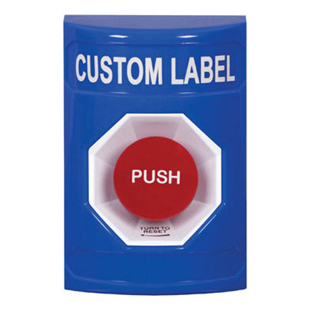 Safety Technology SS2401ZA-EN | Blue No Cover Turn-To-Reset Stopper Station With Non-Returnable Custom Text Label English