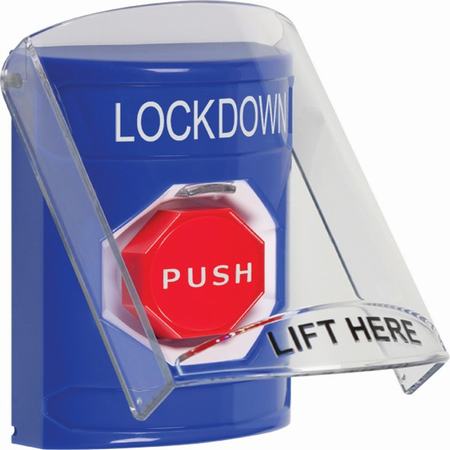 Safety Technology SS2422LD-EN | Blue Indoor Only Flush Or Surface Key-To-Reset (Illuminated) Stopper Station With Lockdown Label English
