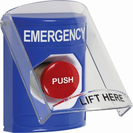 Safety Technology SS2424EM-EN | Blue Indoor Only Flush Or Surface Momentary Stopper Station With Emergency Label English