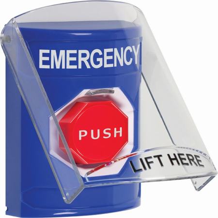 Safety Technology SS2425EM-EN | Blue Indoor Only Flush Or Surface Momentary (Illuminated) Stopper Station With Emergency Label English