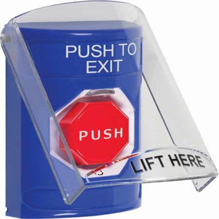 Safety Technology SS2429PX-EN | Blue Indoor Only Flush-To-Reset (Illuminated) Stopper Station With Push To Exit Label English