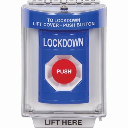 Safety Technology SS2434LD-EN | Blue Indoor/Outdoor Flush Momentary Stopper Station With Lockdown Label English