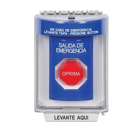 Safety Technology SS2442EX-ES | Blue Indoor/Outdoor Flush With Horn Key-To-Reset (Illuminated) Stopper Station With Emergency Exit Label Spanish