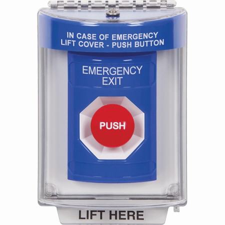 Safety Technology SS2444EX-EN | Blue Indoor/Outdoor Flush With Horn Momentary Stopper Station With Emergency Exit Label English