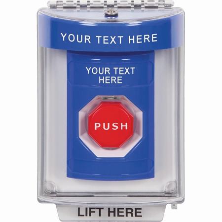 Safety Technology SS2448ZA-EN | Blue Indoor/Outdoor Flush With Horn Pneumatic (Illuminated) Stopper Station With Non-Returnable Custom Text Label English