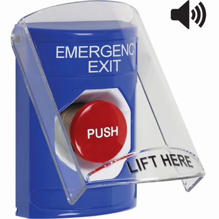 Safety Technology SS24A4EX-EN | Blue Indoor Only Flush Or Surface With Horn Momentary Stopper Station With Emergency Exit Label English