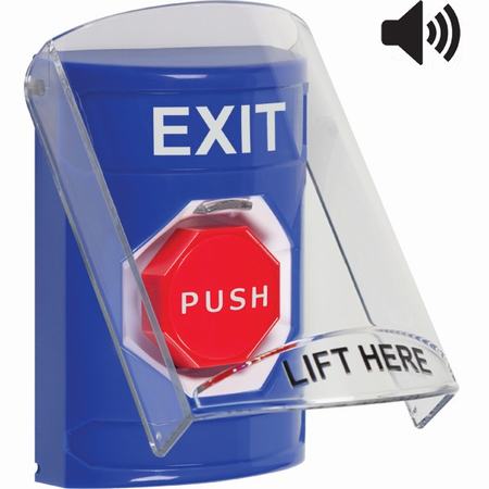 Safety Technology SS24A8XT-EN | Blue Indoor Only Flush Or Surface With Horn Pneumatic (Illuminated) Stopper Station With Exit Label English